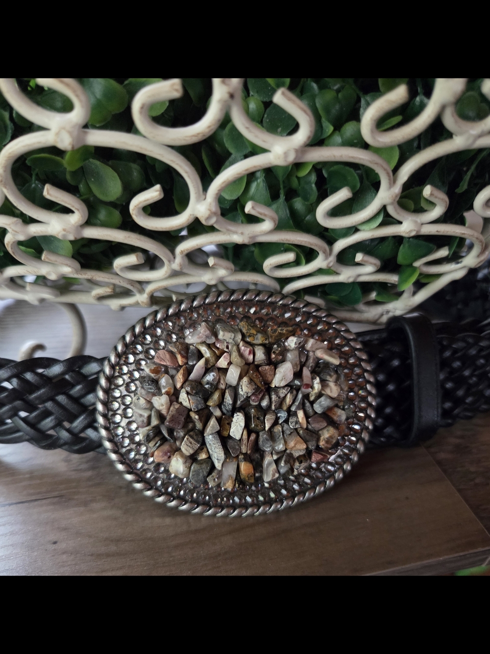 Woven Black Belt with Large Rhinestone & Agate Buckle Size S